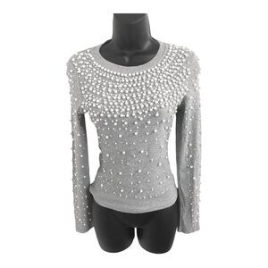 Stunning pearl embellished beaded gray long sleeve sweater top size small new‎